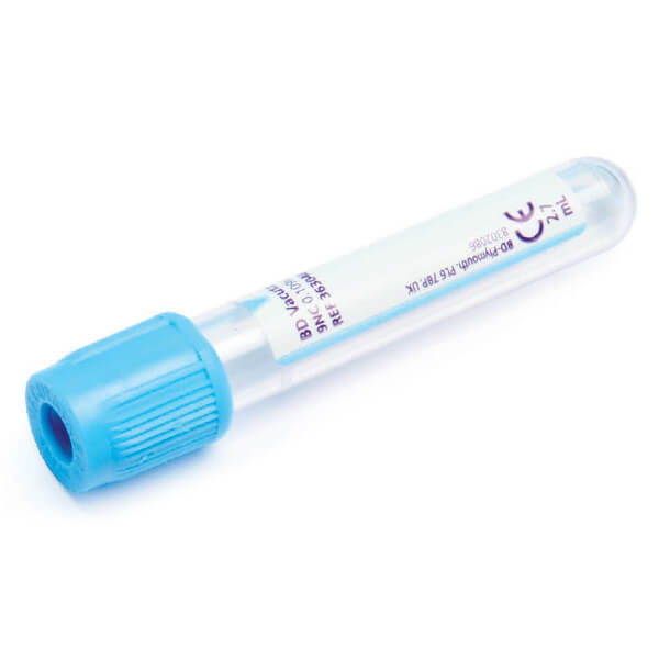 BD Vacutainer Tubes Sodium Citrate, Plastic, 2.7ml, 13x75mm, Light Blue Hemogard Cap, 363095 Box-100
