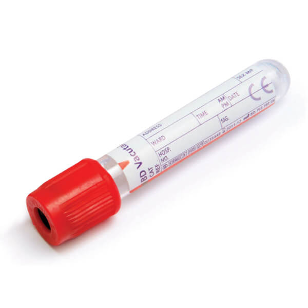 BD Vacutainer Tubes Serum Silica (Clot Activator), Plastic, 4ml, 13x75mm, Red Hemogard Cap, 369032 Box-100