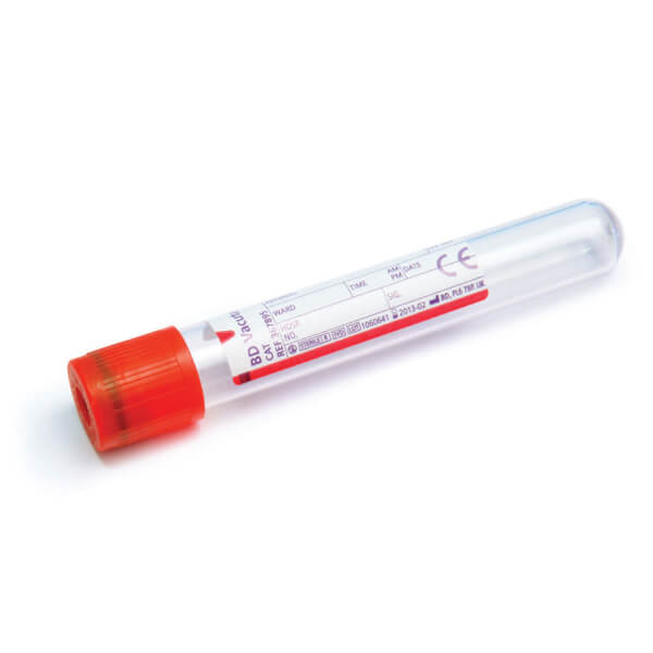 BD Vacutainer Tubes Serum Silica (Clot Activator), Plastic, 10ml, 16x100mm, Red Hemogard Cap, 367895 Box-100