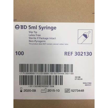 BD SYRINGE 5ML SLIP TIP 302130 BOX-100